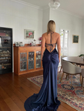 Navy Blue Sheath V Neck Satin Open Back Long Sweep Prom Dress Graduation Prom Dress HZ1023