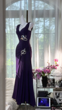 Retro Sexy Dark Purple Beaded Mermaid V Neck Chiffon Evening Dress Party Dress HZ1023
