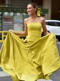 Pretty A Line Strapless Yellow Satin Prom Dress Evening Dress with Bow HZ1023