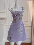Purple A Line Spaghetti Strap Silver Sequin Butterfly Satin Homecoming Dress HZ1023
