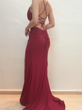 Inspiration Mermaid Spaghetti Strap Red Satin Prom Dress Evening Dress with Slit HZ1023