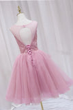 Pink A Line Round Neck Short Prom Dresses Homecoming Dresses with Beadings HZ1023