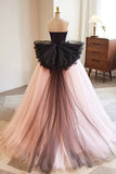 Strapless Bow Pink Tulle Long Prom Dresses Evening Dresses with Black Appliques HZ1023