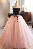Strapless Bow Pink Tulle Long Prom Dresses Evening Dresses with Black Appliques HZ1023