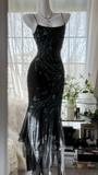 Gorgeous Mermaid Spaghetti Strap Beaded Black Chiffon Party Dress Evening Dress HZ1023