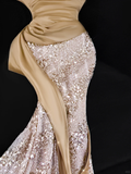 Khaki Mermaid Strapless Sequin Satin Long Prom Dress Evening Dress HZ1023