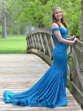 Off Shoulder Blue Mermaid Lace Long Evening Dresses£¬Formal Prom Dress HZ1023
