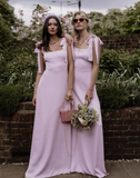 Gentle A Line Straps Pink Satin Long Bridesmaid Dress Evening Dress with Bow HZ1023