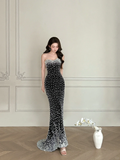 Unique Pearl Mermaid Sweetheart Neck Black Satin Long Date Dress Evening Dress Prom Dress HZ1023