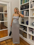 Simple Sheath Spaghetti Straps Silver Satin Long Prom Dress Evening Dress HZ1023
