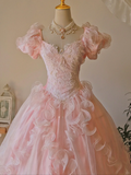 Princess Pink Ball Gown Puff Lace Appliques Satin Tulle Prom Dress 18th Birthday Dress HZ1023
