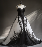 Black White A Line Spaghetti Strap Lace Chiffon Long Prom Dress Evening Dress HZ1023