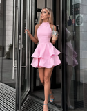 Pink A Line Halter Layered Pink Satin Open Back Short Homecoming Dress Cocktail Dress HZ1023