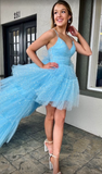 Unique Spaghetti Strap Blue Layered Tulle Sequined Hi-Lo Prom Dress HZ1023