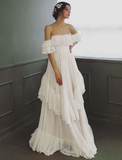 Elegant A Line Off the Shoulder Tiered White Tulle Long Prom Dress Evening Dress HZ1023