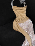 Khaki Mermaid Strapless Sequin Satin Long Prom Dress Evening Dress HZ1023