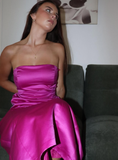 Simple Sheath Strapless Hot Pink Satin Prom Dress Evening Dress HZ1023