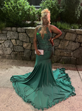 Gorgeous Mermaid V Neck Green Beaded Satin Long Sweep Prom Dress Evening Dress HZ1023