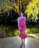 Cute Sheath Strapless Hot Pink Satin Prom Dress Graduation Prom Dress HZ1023