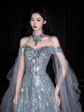 Shiny Exquisite Beaded A Line Off the Shoulder Grey Tulle Long Evening Dress Ball Gown HZ1023