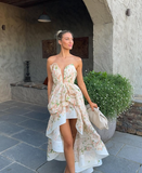 Fairy A Line V Neck Print Floral Chiffon Short High Prom Dress Evening Dress HZ1023