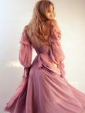 Gentle Purple A Line Long Sleeve V Neck Chiffon Long Prom Dress Evening Dress HZ1023