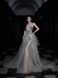 Exquisite Silver Sequin Beaded Mermaid Sweetheart Neck Long Date Dress Evening Dress Prom Dress HZ1023