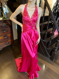 Barbie Pink Retro Mermaid Halter Beaded Ruffle Satin Party Dress Evening Dress HZ1023