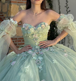 Green Ball Gown Quinceanera Dresses Off the Shoulder Floral Tulle Sweet 16 Dress Party Gowns HZ1023