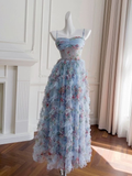 Unique Spaghetti Straps Tulle Floral Prom Dresse Tulle Evening Dress HZ1023