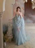 Dreamy Blue Mermaid Sweetheart Neck Feather Tulle Prom Dress Party Dress HZ1023