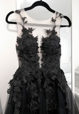 Classic Black Lace Tulle Long Prom Dress Black Evening Dress HZ1023