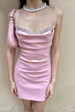 Pink Spaghetti Straps Short Prom Dress With Beading, Bodycon Homecoming Gown HZ1023