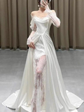 Charming White Satin Lace Long Prom Dress Wedding Dress HZ1023