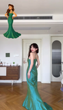 Vintage Green Mermaid Spaghetti Strap Satin Prom Dress Wedding Guest Dress HZ1023
