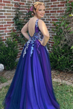 Ombre purple Tulle Appliques A Line Prom Dress Long Evening Dress HZ1023