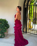 Sexy A Line Halter Tiered Burgundy Chiffon Prom Dress Evening Dress with Slit HZ1023