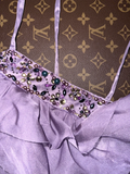 Vintage Mermaid Spaghetti Strap Purple Sequin Beaded Satin Long Sweep Party Dress Evening Dress HZ1023
