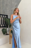 Gentle Sheath Strap Blue Satin Evening Dress Bridesmaid Dress with Slit HZ1023