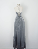 Retro A Line Spaghetti Strap Grey Beaded Satin Long Evening Dress Party Dress HZ1023