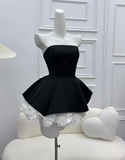 A Line Strapless Flower White Satin Black Velvet Short Homecoming Dress Cocktail Dress HZ1023