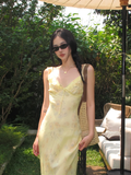 Cute Sheath Straps Print Floral Yellow Chiffon Long Party Dress Wedding Guest Dress HZ1023