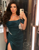 Sexy Dark Green Satin Mermaid Prom Dresses 2025 Spaghetti Straps Pleats Seep Train Formal Evening Occasion Pageant Gowns HZ1023