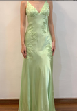 Green Mermaid V Neck Appliques Satin Open Back Long Prom Dress Outfits HZ1023