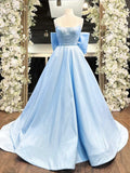 Blue A-Line Spaghetti Strap Bow Satin Long Prom Dress Graduation Dress HZ1023