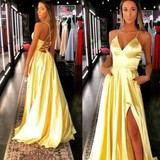 yellow satin long prom dress party dress HZ1023