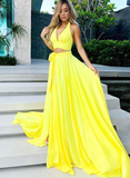 Yellow v neck two pieces long prom dress, yellow evening dress HZ1023