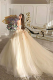 Gorgeous Off Shoulder Champagne Lace Floral Prom Dress, Long 3D Flower Champagne Formal Evening Dress, Champagne Ball Gown HZ1023