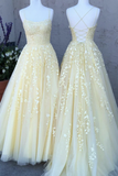 Yellow lace long A line prom dress yellow evening dress HZ1023
