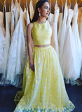 Yellow two pieces lace long prom dress, yellow evening dress HZ1023